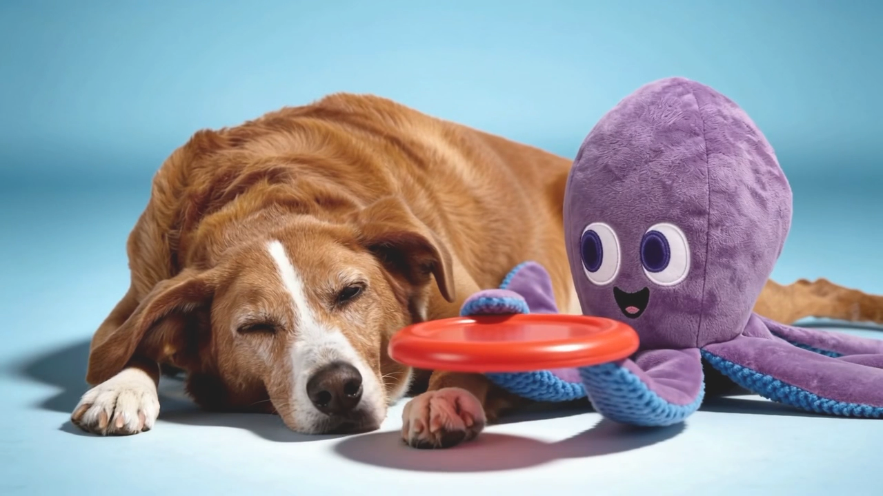 A dog resting beside a purple octopus toy