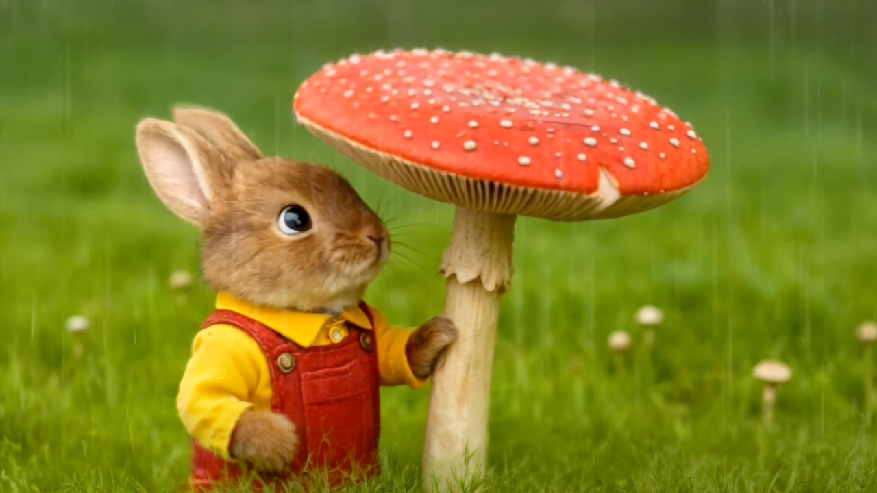 A bunny in overalls sheltering under a mushroom in the rain